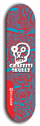 Skateboard deck: Limited edition, North American maple skateboard deck designed by underground artist BellyRash - available widths 7.5 to 8.5 inches in both mellow concave and steep concave shapes. Artwork: GRAFFITI SKULLZ logo brand popsicle-shaped deck with graffiti or street art background