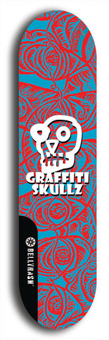 Skateboard deck: Limited edition, North American maple skateboard deck designed by underground artist BellyRash - available widths 7.5 to 8.5 inches in both mellow concave and steep concave shapes. Artwork: GRAFFITI SKULLZ logo brand popsicle-shaped deck with graffiti or street art background