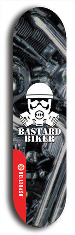 Skateboard deck: Limited edition, North American maple skateboard deck designed by underground artist BellyRash - available widths 7.5 to 8.5 inches in both mellow concave and steep concave shapes. Artwork: BASTARD BIKER logo brand popsicle-shaped deck with mechanical design in background