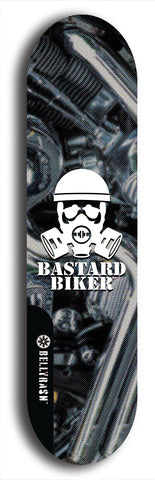 Skateboard deck: Limited edition, North American maple skateboard deck designed by underground artist BellyRash - available widths 7.5 to 8.5 inches in both mellow concave and steep concave shapes. Artwork: BASTARD BIKER logo brand popsicle-shaped deck with mechanical design in background