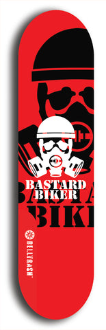 Skateboard deck: Limited edition, North American maple skateboard deck designed by underground artist BellyRash - available widths 7.5 to 8.5 inches in both mellow concave and steep concave shapes. Artwork: BASTARD BIKER logo brand popsicle-shaped deck with mechanical design in background