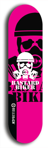 Skateboard deck: Limited edition, North American maple skateboard deck designed by underground artist BellyRash - available widths 7.5 to 8.5 inches in both mellow concave and steep concave shapes. Artwork: BASTARD BIKER logo brand popsicle-shaped deck with mechanical design in background