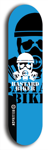 Skateboard deck: Limited edition, North American maple skateboard deck designed by underground artist BellyRash - available widths 7.5 to 8.5 inches in both mellow concave and steep concave shapes. Artwork: BASTARD BIKER logo brand popsicle-shaped deck with mechanical design in background