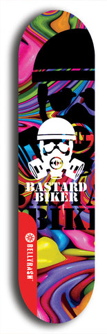 Skateboard deck: Limited edition, North American maple skateboard deck designed by underground artist BellyRash - available widths 7.5 to 8.5 inches in both mellow concave and steep concave shapes. Artwork: BASTARD BIKER logo brand popsicle-shaped deck with mechanical design in background