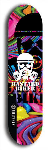 Skateboard deck: Limited edition, North American maple skateboard deck designed by underground artist BellyRash - available widths 7.5 to 8.5 inches in both mellow concave and steep concave shapes. Artwork: BASTARD BIKER logo brand popsicle-shaped deck with mechanical design in background