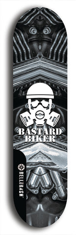 Skateboard deck: Limited edition, North American maple skateboard deck designed by underground artist BellyRash - available widths 7.5 to 8.5 inches in both mellow concave and steep concave shapes. Artwork: BASTARD BIKER logo brand popsicle-shaped deck with mechanical design in background