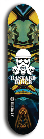 Skateboard deck: Limited edition, North American maple skateboard deck designed by underground artist BellyRash - available widths 7.5 to 8.5 inches in both mellow concave and steep concave shapes. Artwork: BASTARD BIKER logo brand popsicle-shaped deck with mechanical design in background