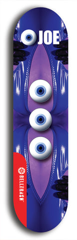 Skateboard deck: Limited edition, North American maple skateboard deck designed by underground artist BellyRash - available widths 7.5 to 8.5 inches in both mellow concave and steep concave shapes. Artwork: EYEBALL JOE logo brand popsicle-shaped deck 