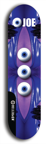 Skateboard deck: Limited edition, North American maple skateboard deck designed by underground artist BellyRash - available widths 7.5 to 8.5 inches in both mellow concave and steep concave shapes. Artwork: EYEBALL JOE logo brand popsicle-shaped deck 