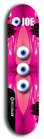 Skateboard deck: Limited edition, North American maple skateboard deck designed by underground artist BellyRash - available widths 7.5 to 8.5 inches in both mellow concave and steep concave shapes. Artwork: EYEBALL JOE logo brand popsicle-shaped deck with unusual, rare three eyeball formation