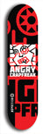 Skateboard deck: Limited edition, North American maple skateboard deck designed by underground artist BellyRash - available widths 7.5 to 8.5 inches in both mellow concave and steep concave shapes. Artwork: ANGRY CRAPFREAK brand popsicle-shaped with a multi-colored patterned background with large ANGRY CRAPFREAK logo