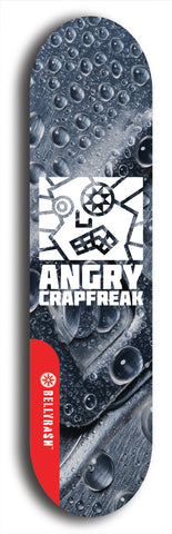 Skateboard deck: Limited edition, North American maple skateboard deck designed by underground artist BellyRash - available widths 7.5 to 8.5 inches in both mellow concave and steep concave shapes. Artwork: ANGRY CRAPFREAK brand popsicle-shaped with a multi-colored patterned background with large ANGRY CRAPFREAK logo