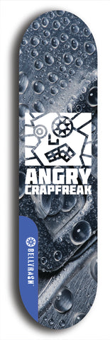 Skateboard deck: Limited edition, North American maple skateboard deck designed by underground artist BellyRash - available widths 7.5 to 8.5 inches in both mellow concave and steep concave shapes. Artwork: ANGRY CRAPFREAK brand popsicle-shaped with a multi-colored patterned background with large ANGRY CRAPFREAK logo