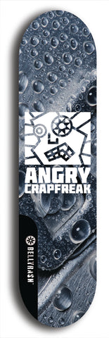 Skateboard deck: Limited edition, North American maple skateboard deck designed by underground artist BellyRash - available widths 7.5 to 8.5 inches in both mellow concave and steep concave shapes. Artwork: ANGRY CRAPFREAK brand popsicle-shaped with a multi-colored patterned background with large ANGRY CRAPFREAK logo