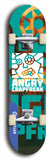 Skateboard deck: Limited edition, North American maple skateboard deck designed by underground artist BellyRash - available widths 7.5 to 8.5 inches in both mellow concave and steep concave shapes. Artwork: ANGRY CRAPFREAK brand popsicle-shaped with a multi-colored patterned background with large ANGRY CRAPFREAK logo