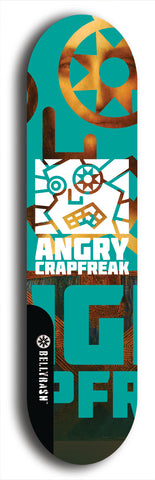 Skateboard deck: Limited edition, North American maple skateboard deck designed by underground artist BellyRash - available widths 7.5 to 8.5 inches in both mellow concave and steep concave shapes. Artwork: ANGRY CRAPFREAK brand popsicle-shaped with a multi-colored patterned background with large ANGRY CRAPFREAK logo