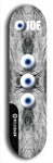 Skateboard deck: Limited edition, North American maple skateboard deck designed by underground artist BellyRash - available widths 7.5 to 8.5 inches in both mellow concave and steep concave shapes. Artwork: EYEBALL JOE logo brand popsicle-shaped deck with unusual, rare three eyeball formation