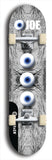 Skateboard deck: Limited edition, North American maple skateboard deck designed by underground artist BellyRash - available widths 7.5 to 8.5 inches in both mellow concave and steep concave shapes. Artwork: EYEBALL JOE logo brand popsicle-shaped deck with unusual, rare three eyeball formation