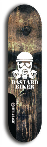 Skateboard deck: Limited edition, North American maple skateboard deck designed by underground artist BellyRash - available widths 7.5 to 8.5 inches in both mellow concave and steep concave shapes. Artwork: BASTARD BIKER logo brand popsicle-shaped deck with mechanical design in background