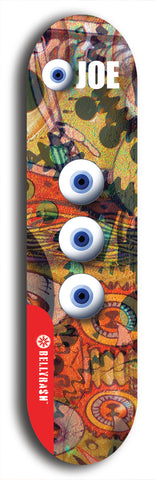 Skateboard deck: Limited edition, North American maple skateboard deck designed by underground artist BellyRash - available widths 7.5 to 8.5 inches in both mellow concave and steep concave shapes. Artwork: EYEBALL JOE logo brand popsicle-shaped deck with unusual, rare three eyeball formation