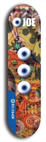 Skateboard deck: Limited edition, North American maple skateboard deck designed by underground artist BellyRash - available widths 7.5 to 8.5 inches in both mellow concave and steep concave shapes. Artwork: EYEBALL JOE logo brand popsicle-shaped deck with unusual, rare three eyeball formation