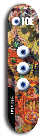 Skateboard deck: Limited edition, North American maple skateboard deck designed by underground artist BellyRash - available widths 7.5 to 8.5 inches in both mellow concave and steep concave shapes. Artwork: EYEBALL JOE logo brand popsicle-shaped deck with unusual, rare three eyeball formation