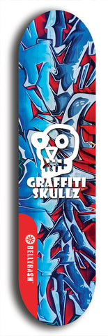 Skateboard deck: Limited edition, North American maple skateboard deck designed by underground artist BellyRash - available widths 7.5 to 8.5 inches in both mellow concave and steep concave shapes. Artwork: GRAFFITI SKULLZ logo brand popsicle-shaped deck with graffiti or street art background