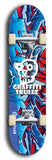 Skateboard deck: Limited edition, North American maple skateboard deck designed by underground artist BellyRash - available widths 7.5 to 8.5 inches in both mellow concave and steep concave shapes. Artwork: GRAFFITI SKULLZ logo brand popsicle-shaped deck with graffiti or street art background