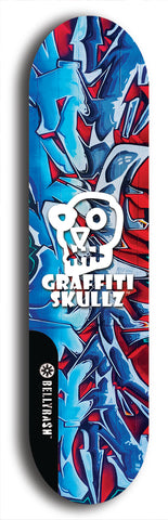 Skateboard deck: Limited edition, North American maple skateboard deck designed by underground artist BellyRash - available widths 7.5 to 8.5 inches in both mellow concave and steep concave shapes. Artwork: GRAFFITI SKULLZ logo brand popsicle-shaped deck with graffiti or street art background