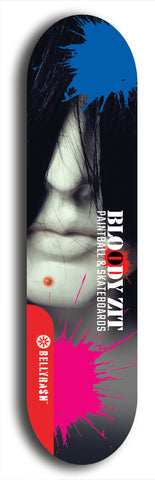 Skateboard deck: Limited edition, North American maple skateboard deck designed by underground artist BellyRash - available widths 7.5 to 8.5 inches in both mellow concave and steep concave shapes. Artwork: BLOODY ZIT logo brand popsicle-shaped deck with mannequin face with black hair and bloody zit on chin