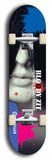 Skateboard deck: Limited edition, North American maple skateboard deck designed by underground artist BellyRash - available widths 7.5 to 8.5 inches in both mellow concave and steep concave shapes. Artwork: BLOODY ZIT logo brand popsicle-shaped deck with mannequin face with black hair and bloody zit on chin