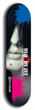 Skateboard deck: Limited edition, North American maple skateboard deck designed by underground artist BellyRash - available widths 7.5 to 8.5 inches in both mellow concave and steep concave shapes. Artwork: BLOODY ZIT logo brand popsicle-shaped deck with mannequin face with black hair and bloody zit on chin