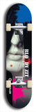 Skateboard deck: Limited edition, North American maple skateboard deck designed by underground artist BellyRash - available widths 7.5 to 8.5 inches in both mellow concave and steep concave shapes. Artwork: BLOODY ZIT logo brand popsicle-shaped deck with mannequin face with black hair and bloody zit on chin