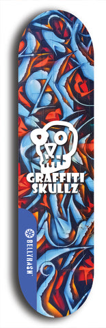 Skateboard deck: Limited edition, North American maple skateboard deck designed by underground artist BellyRash - available widths 7.5 to 8.5 inches in both mellow concave and steep concave shapes. Artwork: GRAFFITI SKULLZ logo brand popsicle-shaped deck with graffiti or street art background