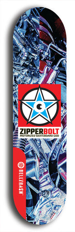 Skateboard deck: Limited edition, North American maple skateboard deck designed by underground artist BellyRash - available widths 7.5 to 8.5 inches in both mellow concave and steep concave shapes. Artwork: ZIPPERBOLT logo brand popsicle-shaped deck