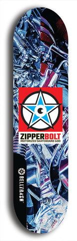 Skateboard deck: Limited edition, North American maple skateboard deck designed by underground artist BellyRash - available widths 7.5 to 8.5 inches in both mellow concave and steep concave shapes. Artwork: ZIPPERBOLT logo brand popsicle-shaped deck