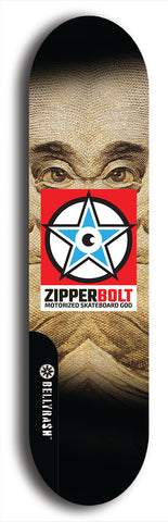 Skateboard deck: Limited edition, North American maple skateboard deck designed by underground artist BellyRash - available widths 7.5 to 8.5 inches in both mellow concave and steep concave shapes. Artwork: ZIPPERBOLT logo brand popsicle-shaped deck