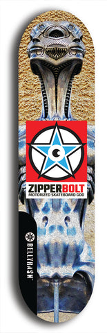 Skateboard deck: Limited edition, North American maple skateboard deck designed by underground artist BellyRash - available widths 7.5 to 8.5 inches in both mellow concave and steep concave shapes. Artwork: ZIPPERBOLT logo brand popsicle-shaped deck