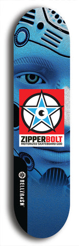 Skateboard deck: Limited edition, North American maple skateboard deck designed by underground artist BellyRash - available widths 7.5 to 8.5 inches in both mellow concave and steep concave shapes. Artwork: ZIPPERBOLT logo brand popsicle-shaped deck