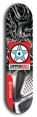 Skateboard deck: Limited edition, North American maple skateboard deck designed by underground artist BellyRash - available widths 7.5 to 8.5 inches in both mellow concave and steep concave shapes. Artwork: ZIPPERBOLT logo brand popsicle-shaped deck