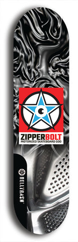 Skateboard deck: Limited edition, North American maple skateboard deck designed by underground artist BellyRash - available widths 7.5 to 8.5 inches in both mellow concave and steep concave shapes. Artwork: ZIPPERBOLT logo brand popsicle-shaped deck