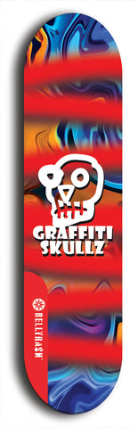 Skateboard deck: Limited edition, North American maple skateboard deck designed by underground artist BellyRash - available widths 7.5 to 8.5 inches in both mellow concave and steep concave shapes. Artwork: GRAFFITI SKULLZ logo brand popsicle-shaped deck with graffiti or street art background