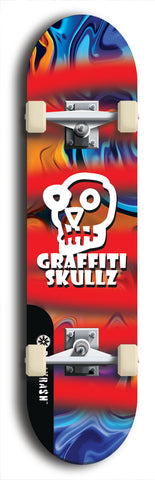 Skateboard deck: Limited edition, North American maple skateboard deck designed by underground artist BellyRash - available widths 7.5 to 8.5 inches in both mellow concave and steep concave shapes. Artwork: GRAFFITI SKULLZ logo brand popsicle-shaped deck with graffiti or street art background