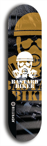 Skateboard deck: Limited edition, North American maple skateboard deck designed by underground artist BellyRash - available widths 7.5 to 8.5 inches in both mellow concave and steep concave shapes. Artwork: BASTARD BIKER logo brand popsicle-shaped deck with mechanical design in background