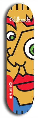 Skateboard deck: Limited edition, North American maple skateboard deck designed by underground artist BellyRash -- available in widths 7.5 to 8.5 inches in both mellow concave and steep concave shapes. Artwork: Oddheads brand popsicle-shaped skateboard deck with cartoon head on dark background. 