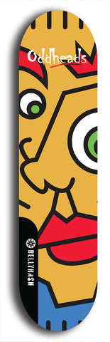 Skateboard deck: Limited edition, North American maple skateboard deck designed by underground artist BellyRash -- available in widths 7.5 to 8.5 inches in both mellow concave and steep concave shapes. Artwork: Oddheads brand popsicle-shaped skateboard deck with cartoon head on dark background. 