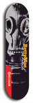 Skateboard deck: Limited edition, North American maple skateboard deck designed by underground artist BellyRash - available widths 7.5 to 8.5 inches in both mellow concave and steep concave shapes. Artwork: BETTYMOE FETISH logo brand popsicle-shaped deck with muted large black and white gas mask in background