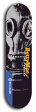 Skateboard deck: Limited edition, North American maple skateboard deck designed by underground artist BellyRash - available widths 7.5 to 8.5 inches in both mellow concave and steep concave shapes. Artwork: BETTYMOE FETISH logo brand popsicle-shaped deck with muted large black and white gas mask in background