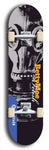 Skateboard deck: Limited edition, North American maple skateboard deck designed by underground artist BellyRash - available widths 7.5 to 8.5 inches in both mellow concave and steep concave shapes. Artwork: BETTYMOE FETISH logo brand popsicle-shaped deck with muted large black and white gas mask in background