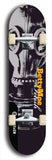 Skateboard deck: Limited edition, North American maple skateboard deck designed by underground artist BellyRash - available widths 7.5 to 8.5 inches in both mellow concave and steep concave shapes. Artwork: BETTYMOE FETISH logo brand popsicle-shaped deck with muted large black and white gas mask in background